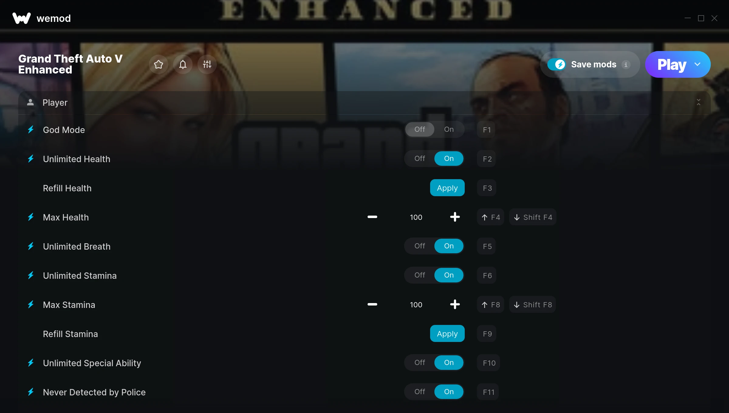 Grand Theft Auto V Enhanced cheats screenshot