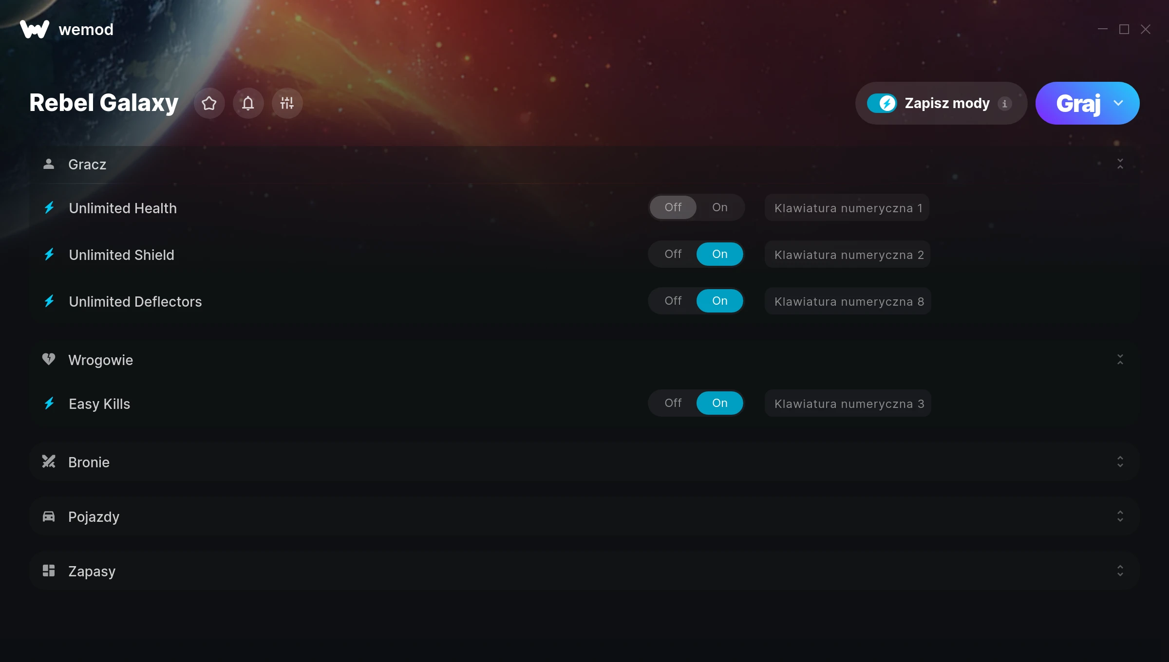 Cheaty do Rebel Galaxy – zrzut ekranu