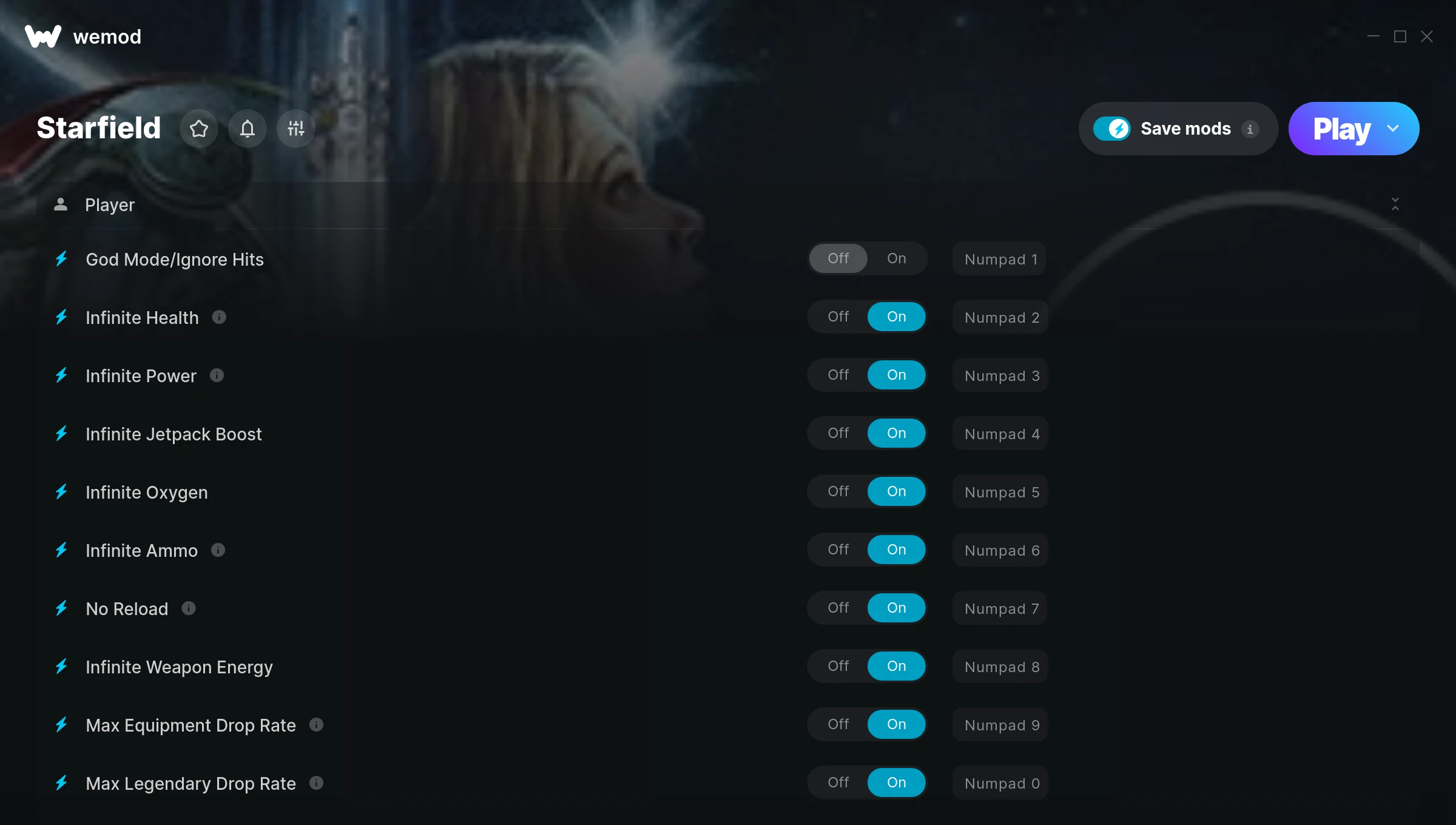 Starfield cheats screenshot